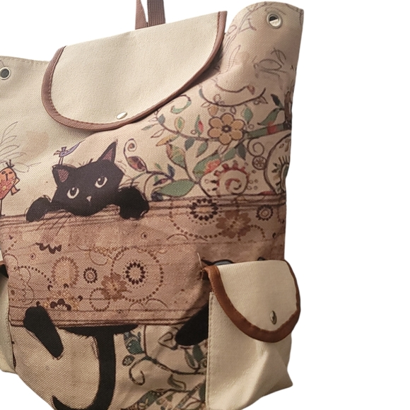 Black Cat Canvas Backpack, BoHo Fashion Drawstring Casual Knapsack, Daypack - Picture 6 of 14